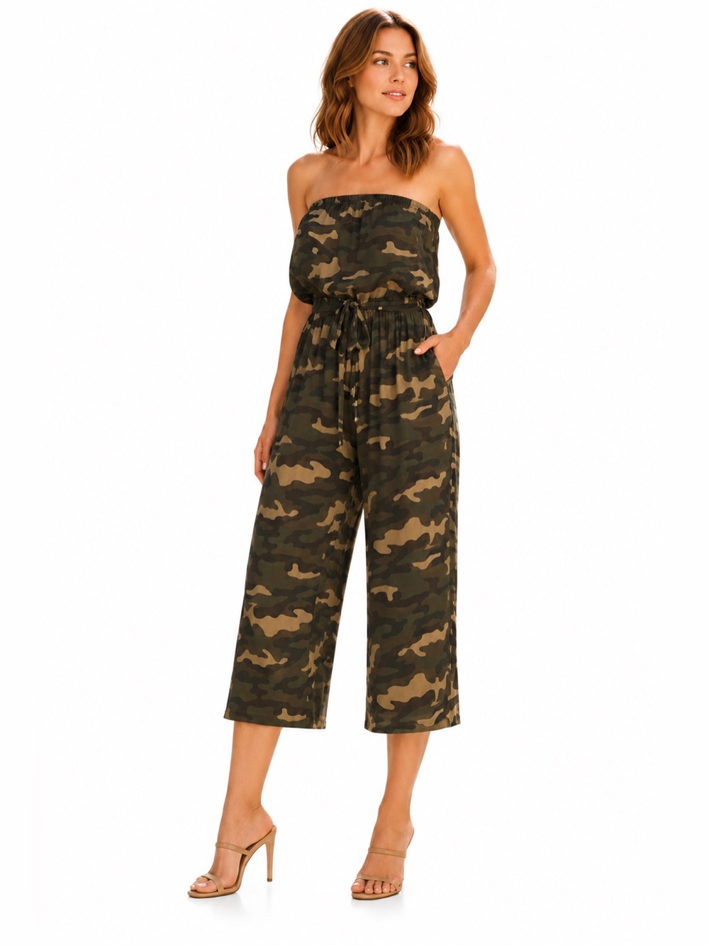 Elan Small Strapless Camo Cropped Wide Leg Jumpsuit 100% Rayon Boho Resort